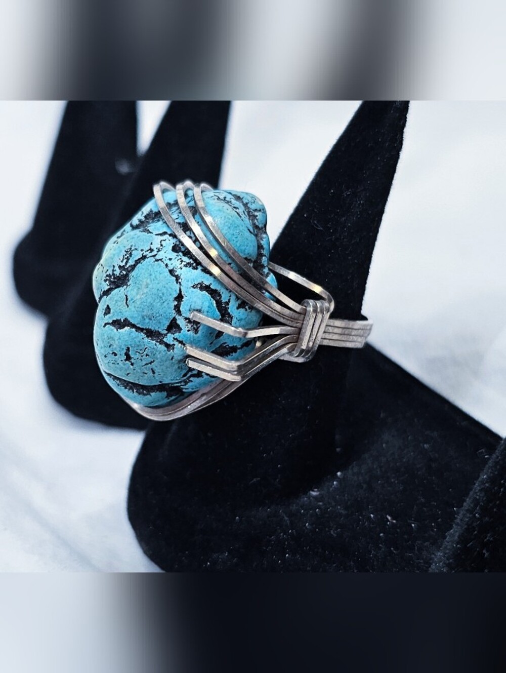 Vintage Custom Huge Raw Turquoise Stone Ring Set In Silverplated Wire Sz 6